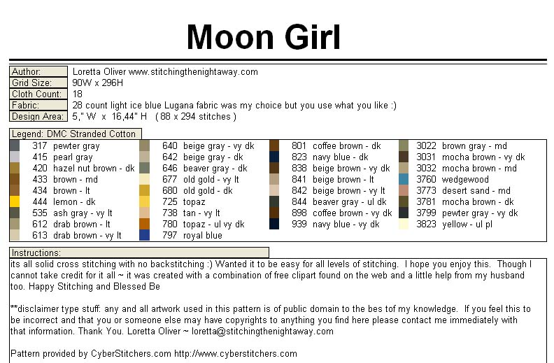 Schema punto croce Moon girl legenda