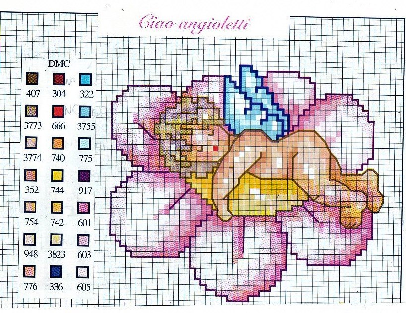 Schema punto croce Angioletto su fiore