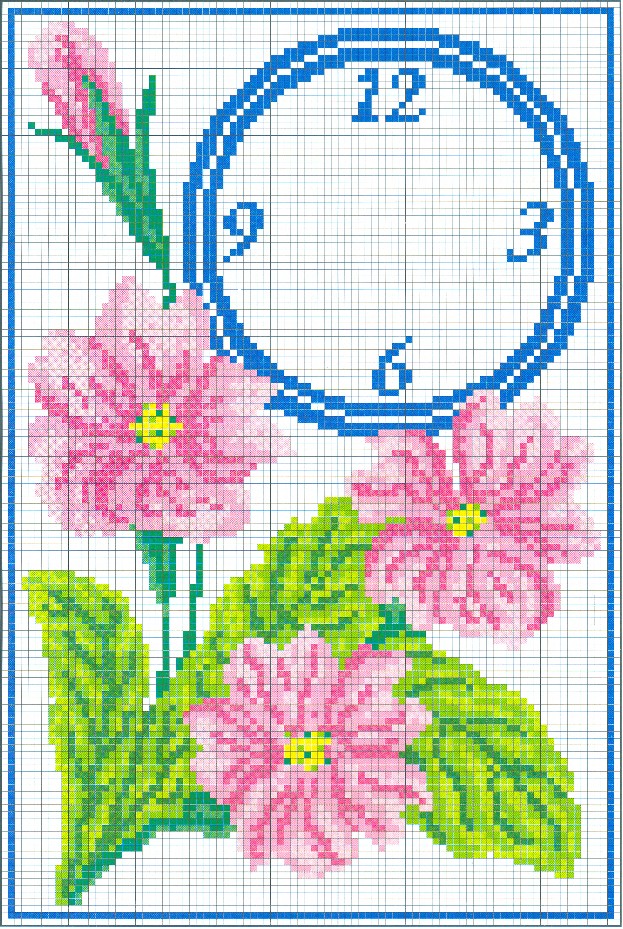 Schema punto croce Orologio Ramo Fiori1